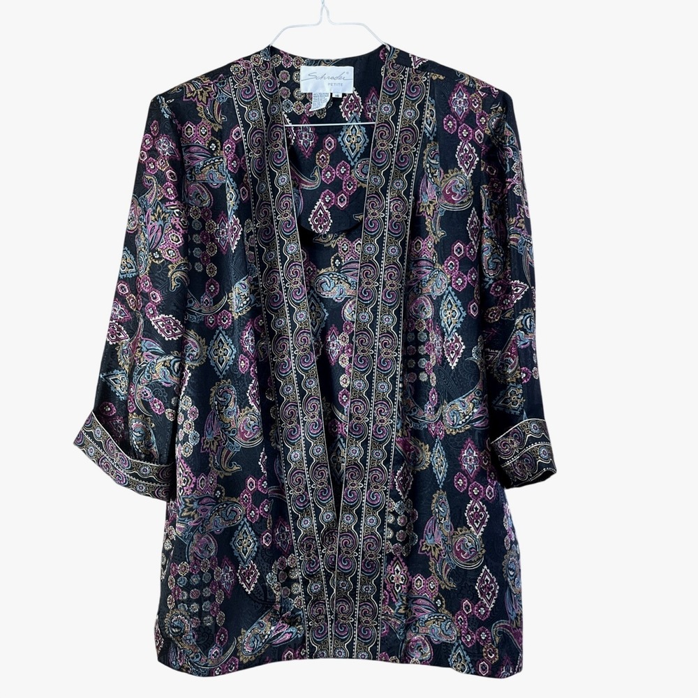 Vtg Schrader Kimono Women 16P Black Paisley Medallion Open Front Jacquard Jacket